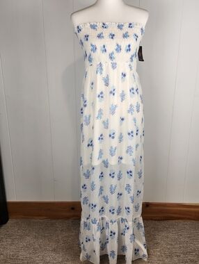 Y2K Maxi Dress Sheer Overlay Juniors XL White Blue Floral Seersucker Romantic